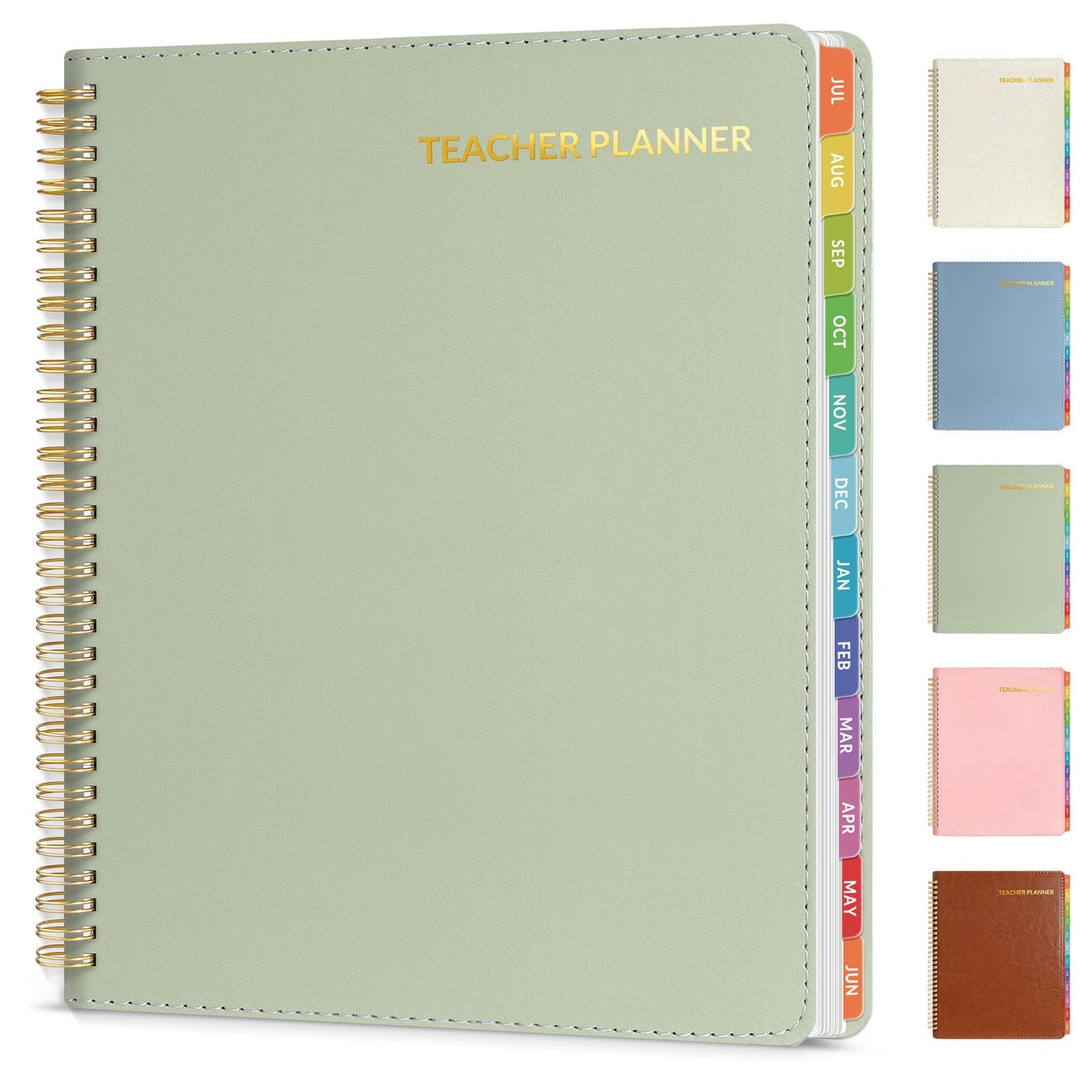 SUNEE Teacher Planner 2026-2027 Academic Year with 7 Periods, Jul 2026 - Jun 2027 Lesson Planner Book 8.5"x11" School Agenda with Subjects, Teacher Calendar with Vegan Leather Cover, Color Tabs, Green