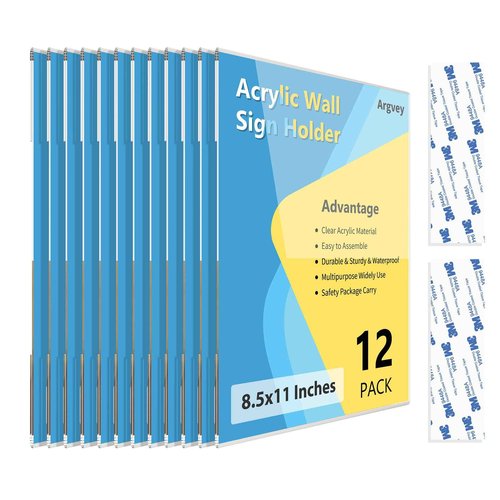Acrylic Sign Holder 8.5 x 11 Wall Mount, Clear Plastic Sign Display Frame with Adhesive Tape, Vertical Wall Sign Holder for Office, Home, Store, Restaurant, School – 12 Pack