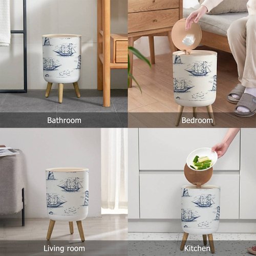 Small Trash Can with Lid Vintage Hand Drawn Nautical Toile De Jouy Seamless Lighthouse Wood Legs Press Cover Garbage Bin Round Waste Bin Wastebasket Kitchen Bathroom Office