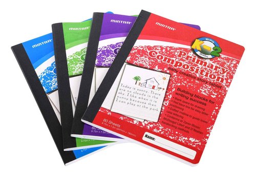 Mintra Primary Composition Notebook, 24 units 6-4 Pack, Assorted Colors, 80 Sheets, 7.5in x 9.75in, 1/2 Sheet, Ruled with Drawing Area, Flexible Hardcover Journal, Grades K-2, School & Home Use