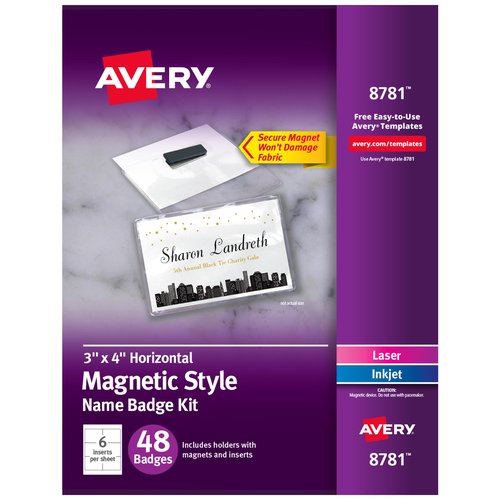 Avery Customizable Name Badges, Magnet Style, 3" x 4", Clear Name Tag Holders, White Laser/Inkjet Printable Inserts, 48 Total (8781)