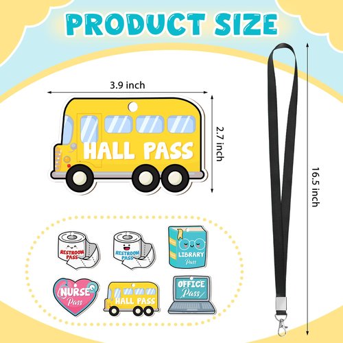 6 Set Hall Passes for Classrooms Wooden Hall Pass Lanyards Unbreakable School Passes for Hall Library Restroom Nurse Office School Classroom Supplies
