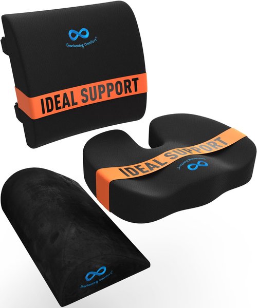 Everlasting Comfort Seat & Back Cushions & Ergonomic Foot Rest - Enhance Posture, Relieve Back & Foot Pain - Reduce Tailbone Pressure - Multi-Use Gel Infused Memory Foam (Black)