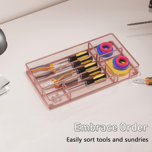 Becomrock Desk Drawer Organizer Tray, Mesh Desk Organizer, Office Drawer Organizer, Desk Accessories & Workspace Organizers, Suitable for Tools, Pencils, Office Supplies Storage (Rose Gold)