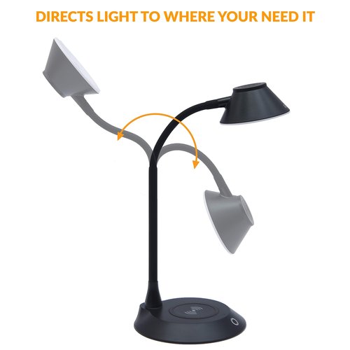 DAC Desk Lamp Wireless Charger – for iPhone 11, X, 8, Galaxy S20, S10, S9, S8, S7 and All Qi-Enabled Devices - 3 Brightness Levels - Flexible Gooseneck LED Lamp - Desk Light for Office – Black