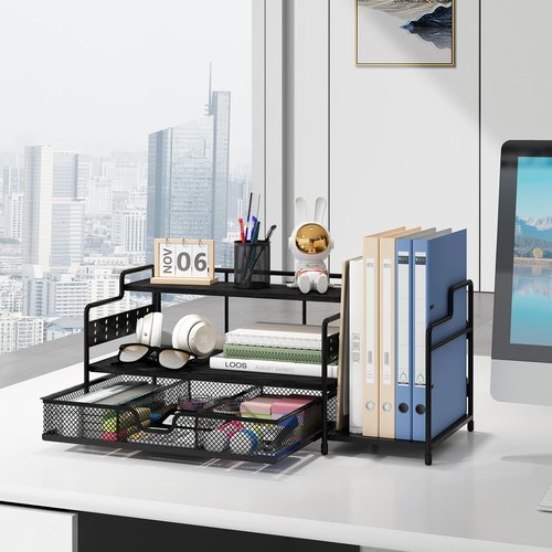 bukfen Office Desk Organizer with Upright File Holder, 2-Tier Office Desktop Shelf and one Sliding Drawer, Desk File Organizer and Storage Multi-Functional for School, Home,Black