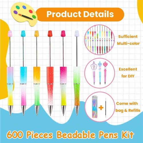 Jaoruizer 200 Pcs Beaded Pens with 200 Refills and 200 Packaging Bags, DIY Black Ink Bead Pens Bulk, 600 Pcs Beadable Pen Kit for Kids Students Teachers Office School Supplies, 50 Colors