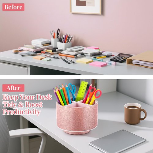 Epakh Pink Pencil Holder for Desk 360 Degree Rotating Bling Rose Gold Pen Organizer PU Leather Glitter Desk Accessories for Gift Women Office Classroom Home Bling Pink(Pen Not Included)