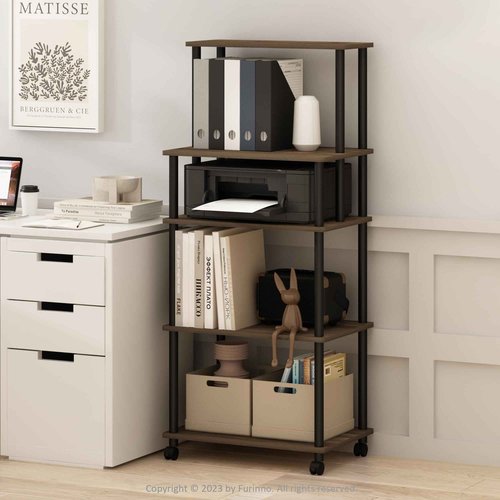 Furinno Turn-N-Tube 5-Tier Toolless Multipurpose Printer Stand Display Storage Shelf with Wheels, 16 (D) x 23 (W) x 54 (H) inches, Columbia Walnut/Black