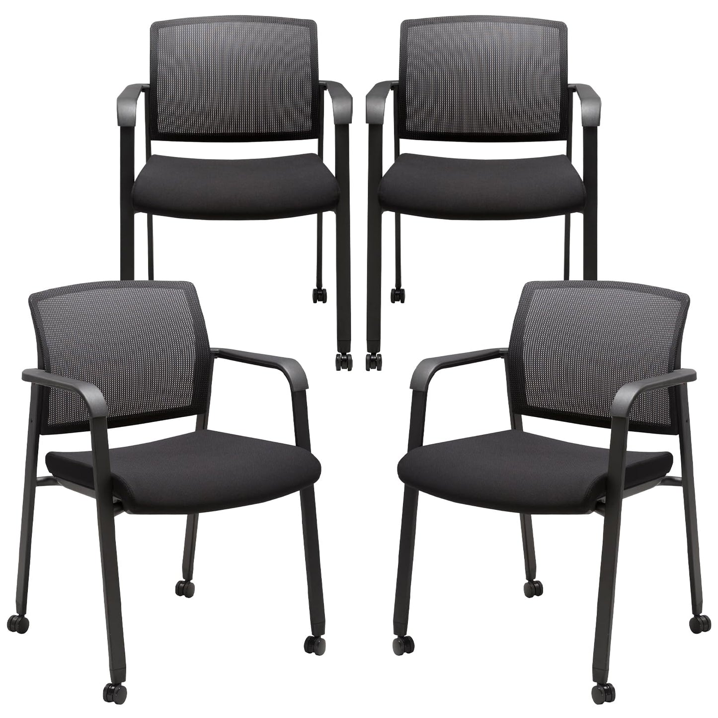 CLATINA Black Waiting Room Chair with Wheels Mesh Back Stacking Arm Chairs with Upholstered Fabric Seat and Ergonomic Lumbar Support for Office School Church Guest Reception