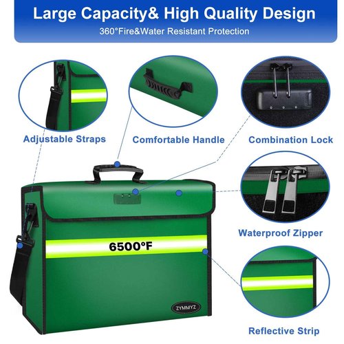 File Organizer Bag with Removable Folder Layers/Wallet,6500°F Fireproof Document Organizer with Lock&Reflective Strip,Portable Home Travel Safe Storage Box for Important Documents(14.1x9.5x4.2 inches)