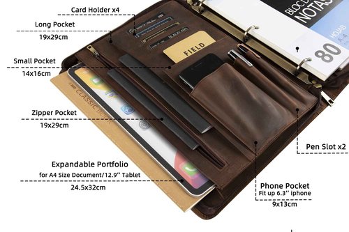 Leather Portfolio Binder, 3 Ring Binder Padfolio Organizer, Personalized Portfolio for Men, iPad Laptop Padfolio with Zipper (Dark Khaki, Non-Custom)