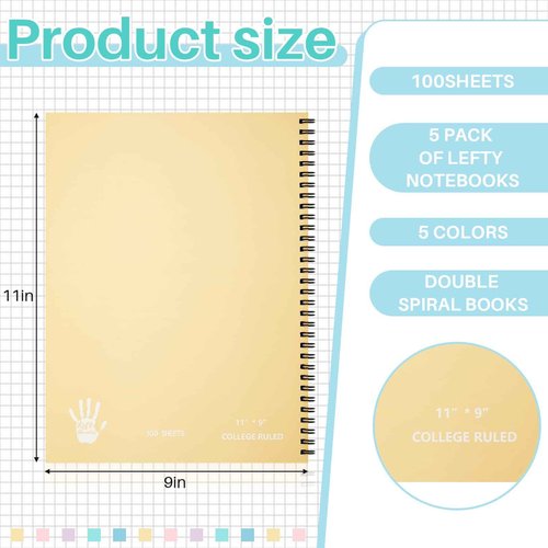 Henoyso 5 Pcs Jumbo Left Handed Notebook 100 Sheets/200pages Left Handed Workbook 11 x 9 Inches Spiral Notebook Lefty Notebooks for Easier Lefty Use Supplies(Vivid Color)