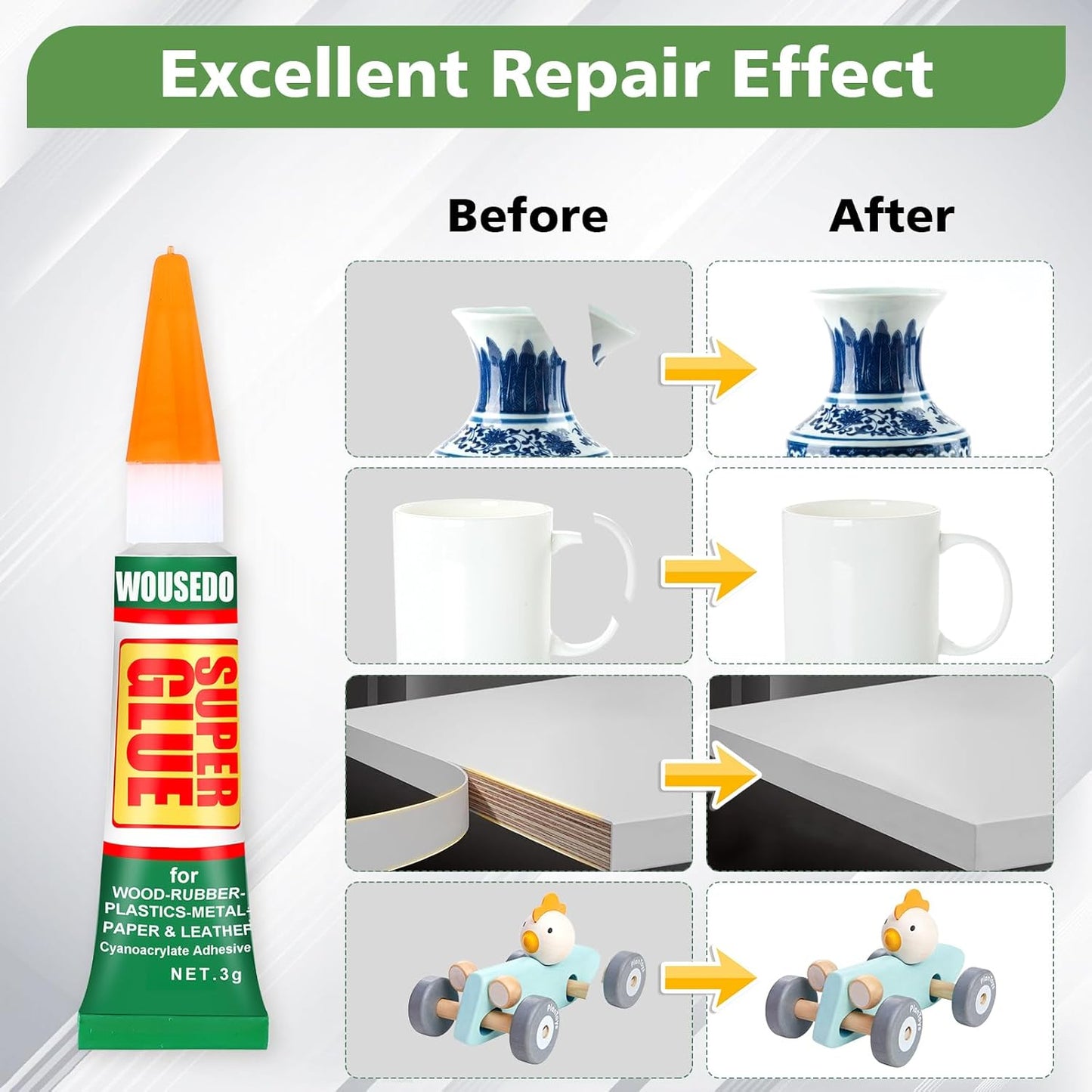 WOUSEDO Super Glue - Fast Drying Clear Adhesive for Wood, Rubber, Leather, Plastic & Metal | 48 x 3g