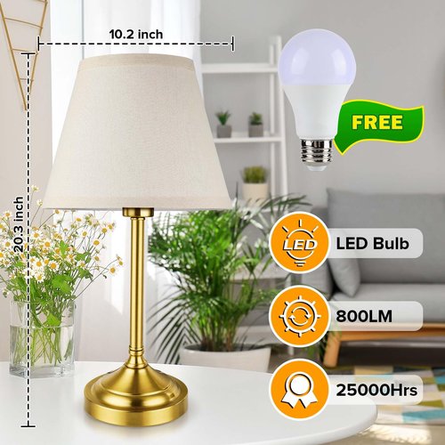 LEDIKON Touch Control Gold Table Lamps Set of 2, 3-Way Dimmable Bedside Lamps with LED Bulbs for Nightstands Bedroom Living Room Office