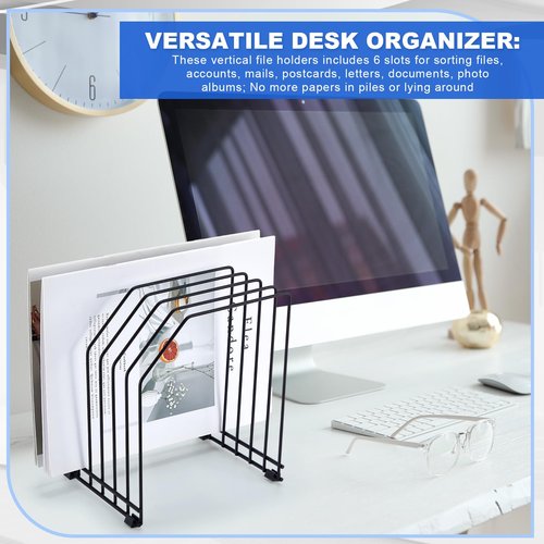 Chivertion 4 Pcs Wire File Organizer for Desk 6 Sections Metal Magazine File Holder Sorter for Binder Office Classroom School Paper Mail Book Storage, Black, 8.27 x 7.36 x 5.88 Inch