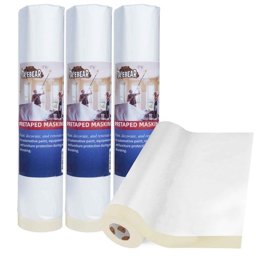 TAPEBEAR Upgrade Pre-Taped Masking Film Extra Thick, High Temp Tape and Drape 102" x 90', Plastic Cover for Automotive, Painting, Plastic Sheeting Masking Tape Film for Auto, Floor, Furniture, 4Rolls