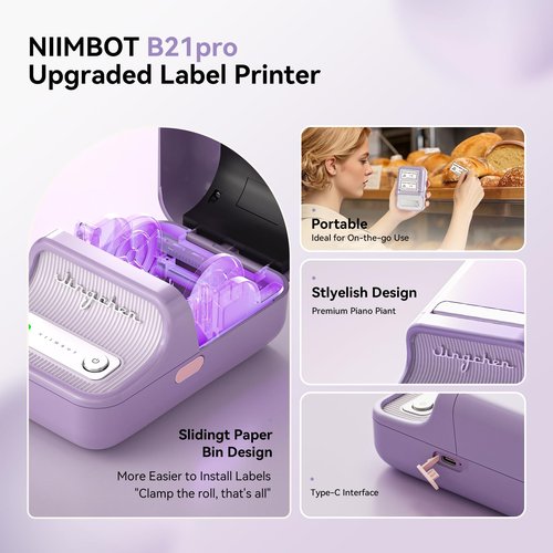 NIIMBOT B21 Pro Sticker Printer, 300DPI, Fun APP, Portable Inkless Label Printer, Bluetooth Sticker Maker for DIY Crafts, Notes, Scrapbook, Photo, Custom Labels & Gifts,Home Organization (Violet)