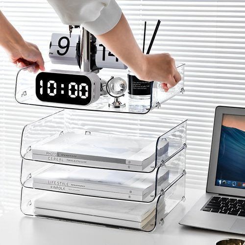 Gagee 4 Pack Paper Organizer for Desk,Stackable Paper Tray Book Holder for Classroom,Office and More,Letter Tray Desk Organizer,Clear