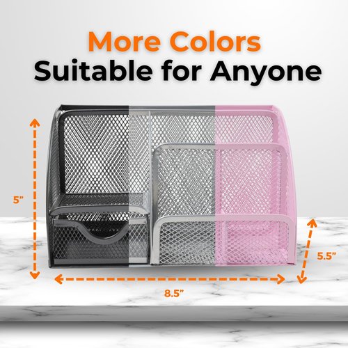 Mesh Desk Organizer - Stylish Office Accessory with 6 Compartments & Drawer | Includes Sticky Notes