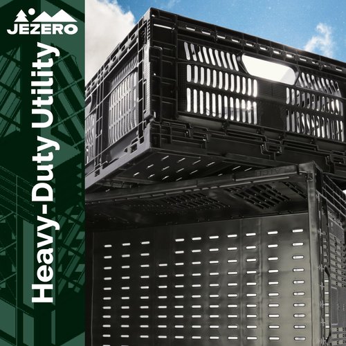 JEZERO Medium 2-Pack Collapsible Plastic Storage Crate – Stackable Utility Bin with Folding Walls for Garage, Closet, Car Trunk, and Home Organization | Black, 24" x 16" x 8"