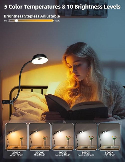 LiFMIRA LED Reading Light - Eye-Friendly Clip-On Lamp with 3 Color Modes & 10 Brightness Levels - Black