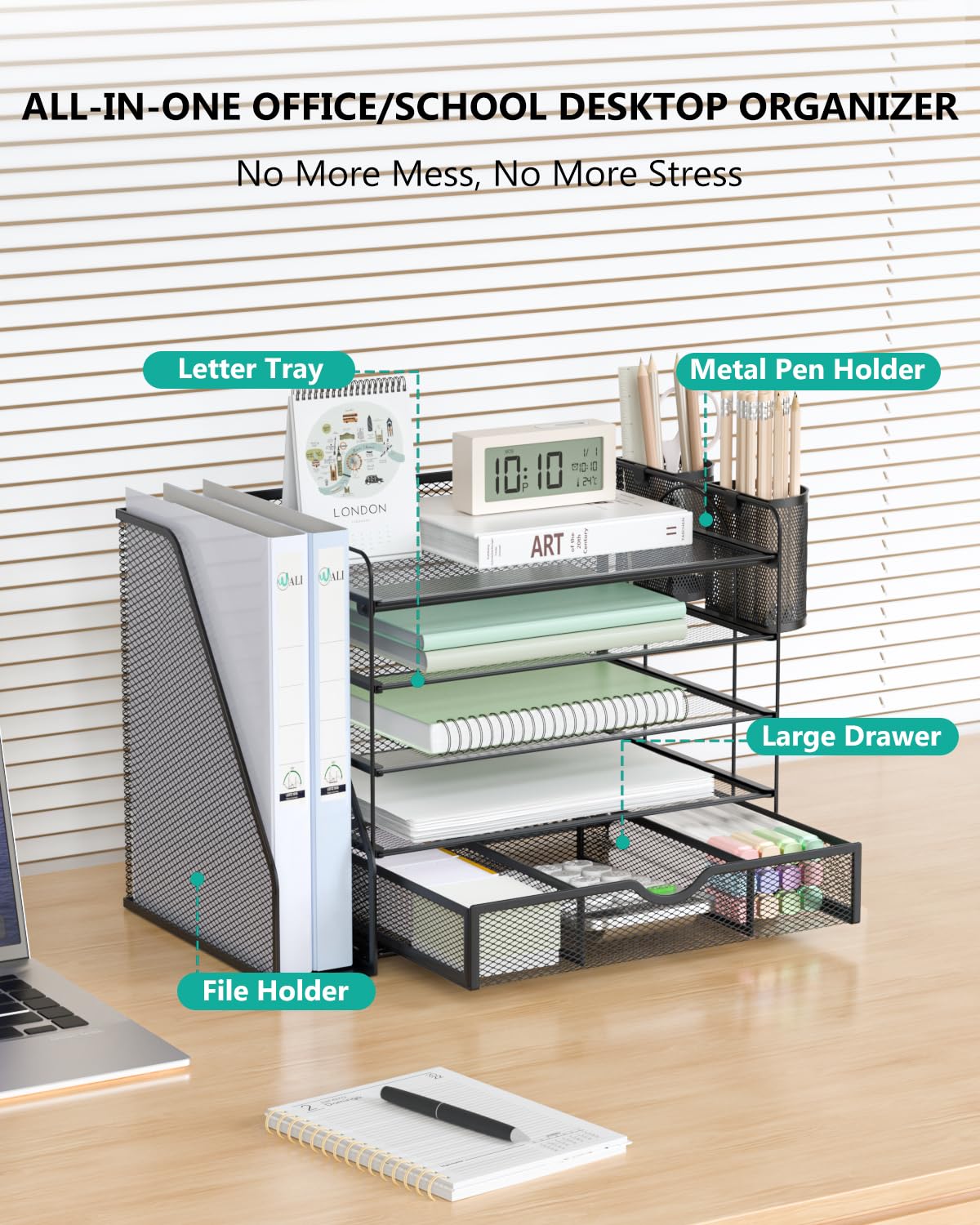 WALI Desk File Organizer, 5 Tier Desktop Paper Letter Tray Organizer with Drawer and 2 Pen Holders, Office Desk Accessories & Workspace Organizers for Office, Home Supplies(DO006DH-B), 1 Pack, Black