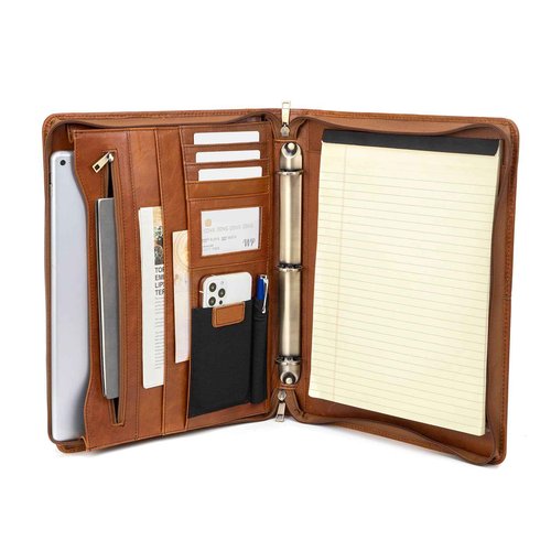 Geslun Genuine Leather Portfolio with 3 Ring Binder, Full Grain Leather Padfolio Zippered, A4 Notebook Holder Laptop Sleeve Professional Folder Organizer Gift for Men and Women, Brown, Oil Tanned