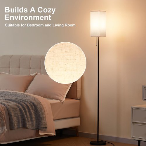 Ziisee Floor Lamps for Living Room, Modern Standing Lamp with Pull Chain Switch, 3 Color Temperature Black Pole Lamp with Lampshade, 9W LED Bulb Tall Lamps for Bedroom Office Kid Room