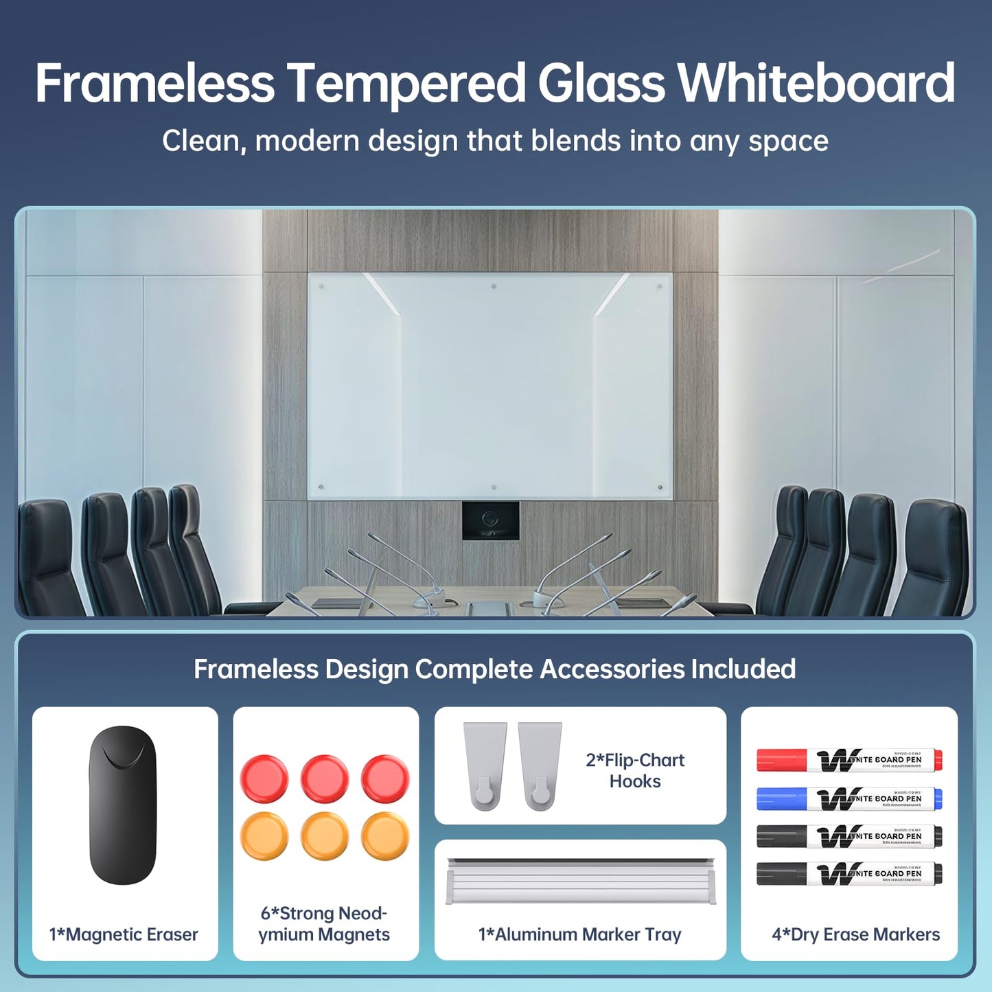 Tomofyzy Glass Whiteboard 60" x 40", Frameless Wall Mounted Dry Erase Board with Tempered Glass Surface, Steel-Backed Magnetic Support, Tray, Eraser, Markers & Magnets for Office, School, Home