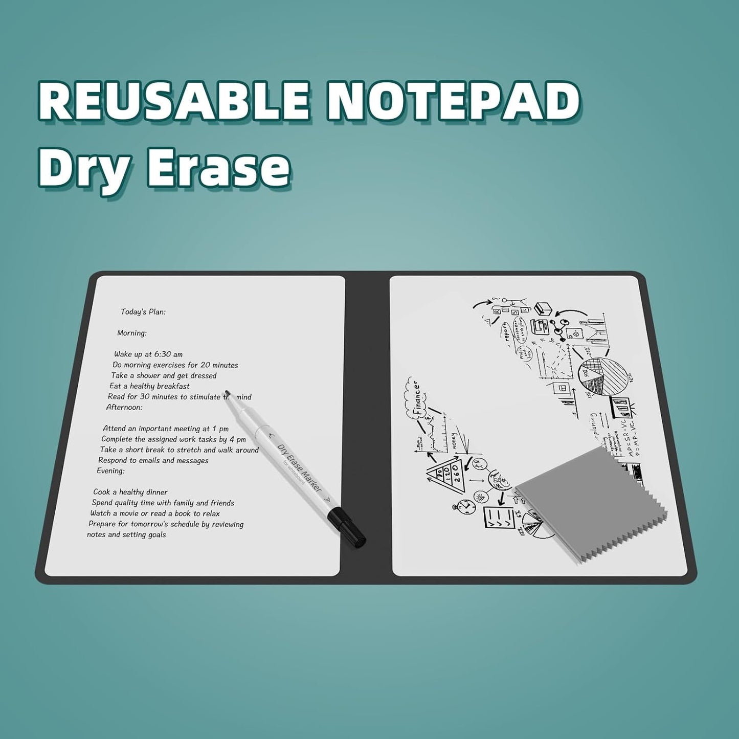 Skiennix Portable Dry Erase Board - Double-Sided Reusable Whiteboard Notebook 9.5"x6.6" with Marker & Cloth