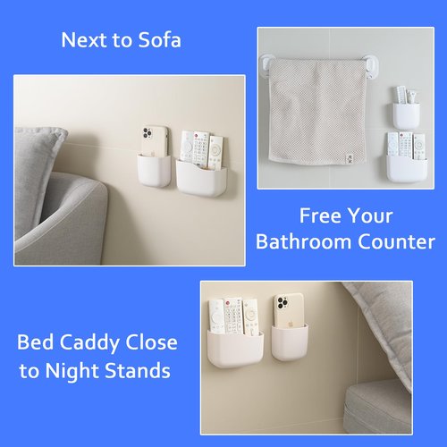 Remote Holder Wall Mount TV FAN Remote Control Holder Bedside Caddy Wall Organizer Phone Holder for Office Adhesive Media Player Controller Holder Box Tray Home Desk Nightstand White 2Big 2Small