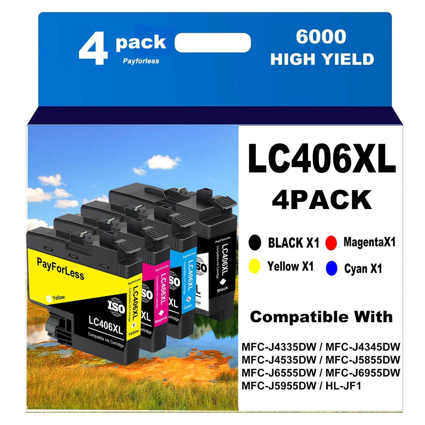 PayForLess LC406XL for LC406 Ink Cartridges for Brother Printer for Brother MFC-J4335DW MFC-J4535DW MFC-J5855DW MFC-J6555DW MFC-J6955DW Printer 4 Pack(Black Cyan Magenta Yellow)
