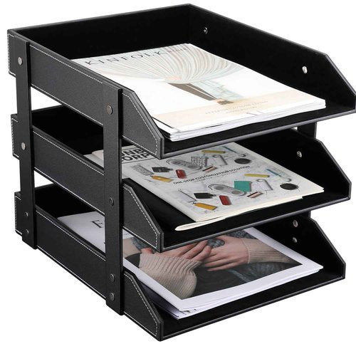 KINGFOM Letter Tray, Leather Paper Organizer Tray, Wooden Desk File Holder, Desktop File, Stackable Magazine Holder, Mail Sorter, Great for Home or Office - 3 Level Black