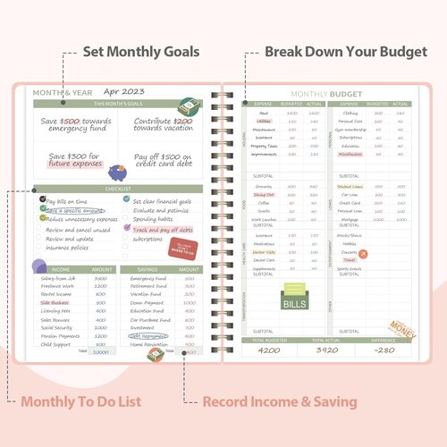 Budget Planner | A5 Monthly Expense Tracker Notebook - Financial Organizer with Pockets & Stickers - Pink