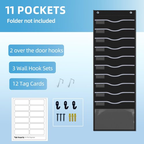 ALSLEA 11 Pockets Hanging Wall File Organizer 15" Extra Wide Pocket Chart for Classroom, Office, Home, Mail Organizer Wall Mounted with 1 Writable Clear Pocket, 5 Wall/Door Hooks & 12 Labels (Black)