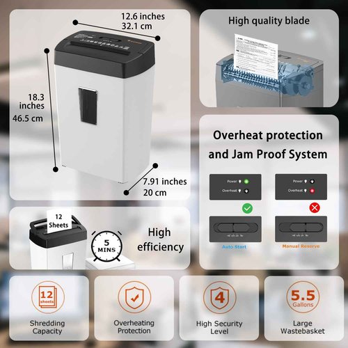 Bonsaii Heavy-Duty Shredder, Up to 12 Sheets, P-4 high Security, Credit Cards, Mail, & Staples, 5.5-Gallon bin with a Transparent Window, Suitable for Heavy-Duty use in Home Offices, White & Black