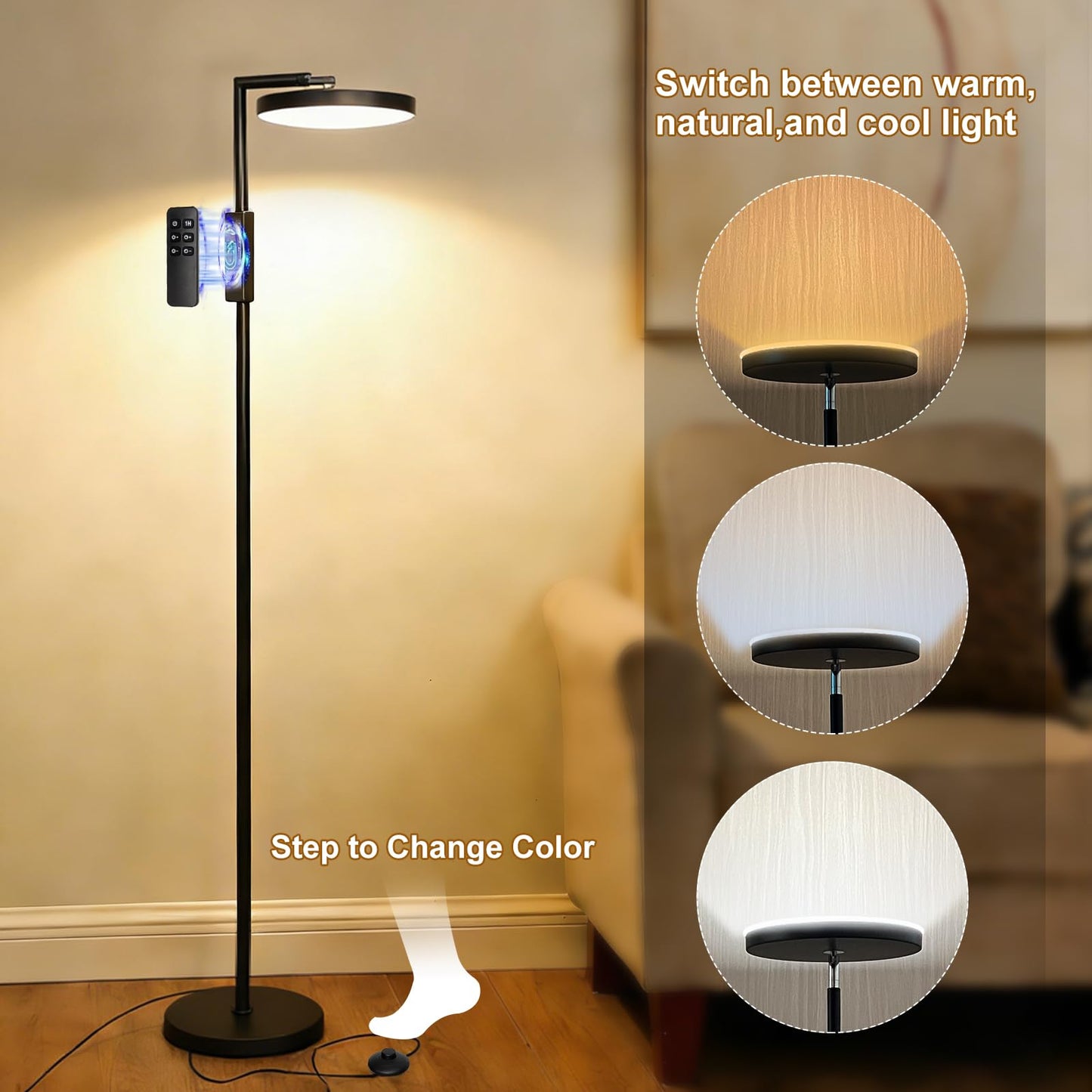 Anrotix 90-Degree Foldable LED Torchiere Floor Lamp, Super Bright 30W 3000LM, Remote Control with Stepless Dimming & Color Temperature Adjustable, Standing Lamp for Living Room, Bedroom, Office Black