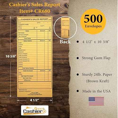 500 Cashier Depot - Cashier's Sales Report Envelope HM305, 4 1/2" x 10 3/8", Sturdy 24lb. Brown Kraft, Gum Flap. Excellent for Sales, Tips, Checks, Vouchers & End-of-Day Cashout Tracking