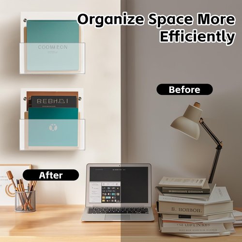 Hanging Wall File Organizer, 2 Pack, Clear Acrylic, Large, Space Saving, Office Wall Mount File Holder with 2 Mounting Options, Mail Holder for Magazine, Mail, Paper, Folders, Document, 12.99x 11.8 In