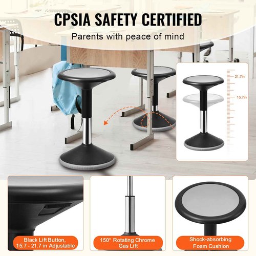 VEVOR Wobble Chair, Height-Adjustable (15.7-21.7") Active Chair, Flexible Seating Wobble Stool Made of PVC+ABS Improves Focus & Posture, Ideal for Schools, Office and Home, Age 12-18, Black