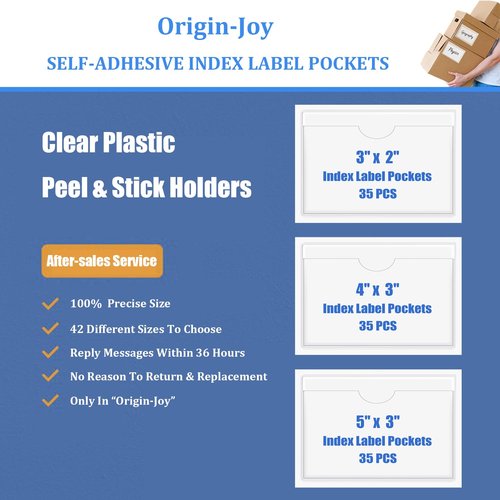 Origin-Joy 35 PCS Self Adhesive Index Card Pockets with Top Open, Clear Plastic Label Holder for Cards of Note, Library and Business, Adhesive Label Pockets & Card Holder (7.5 x 4 inch)