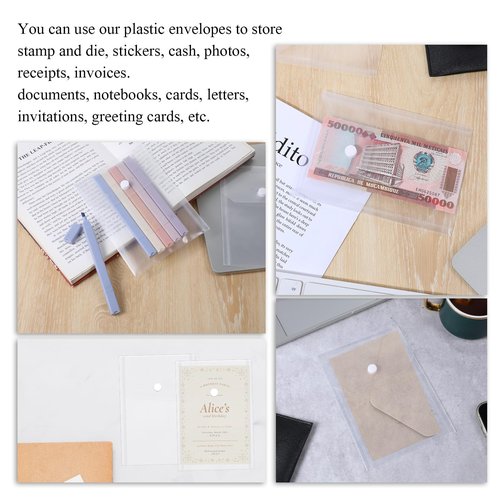 60Pcs Plastic Envelopes with Snap Closure, Waterproof Clear Envelope Pouch 6.7 x 4.7inch Envelope File Folder Reusable Stamp and Die Storage Pockets for Home Office