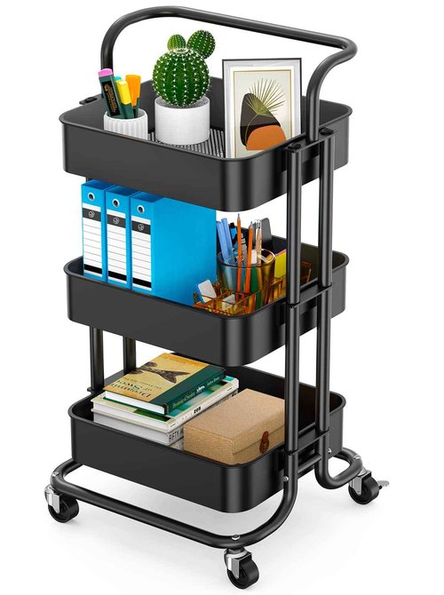 Totnz Rolling Utility Cart, 3-Tier Mesh Organization Cart with Lockable Wheels, Multi-Functional Storage Trolley for Office, Living Room, Kitchen, Laundry, Bathroom Storage, Black (TZUC01B)