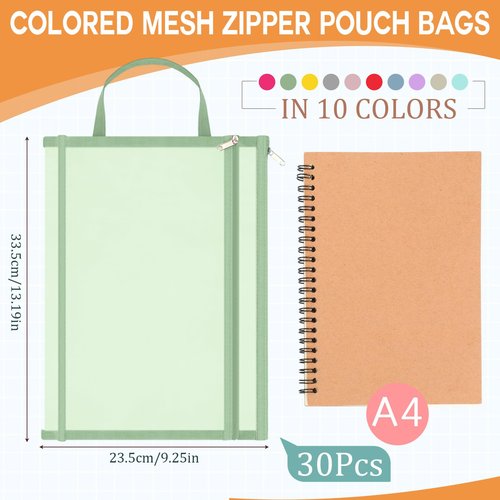 Marspark 30 Pack 10 Color Mesh Zipper Pouch Bags A4 Nylon Organizing Bags Breathable See Through Zipper Pouch with Handle for Office Games