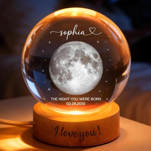 Personalized Moon Phase 3D Crystal Ball - Custom LED Night Light for Birthdays | Unique Gift for Friends & Family
