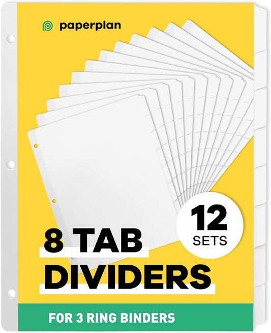 Binder Dividers with Tabs by [Brand Name] - Set of 12 Reinforced 8-Tab Dividers for 3 Ring Binders, White | Organize Documents Neatly