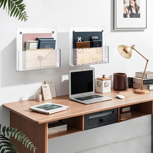 Hanging Wall File Organizer, 2 Pack, Clear Acrylic, Large, Space Saving, Office Wall Mount File Holder with 2 Mounting Options, Mail Holder for Magazine, Mail, Paper, Folders, Document, 12.99x 11.8 In