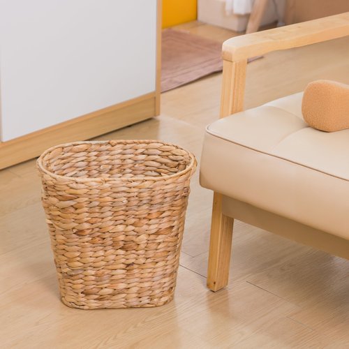 KOKODO Oval Water Hyacinth Waste Basket – Handwoven Wicker Trash Can with Handles & Metal Frame, BOHO Decorative Garbage Bin for Bathroom, Bedroom, Home Office (1-Pack)