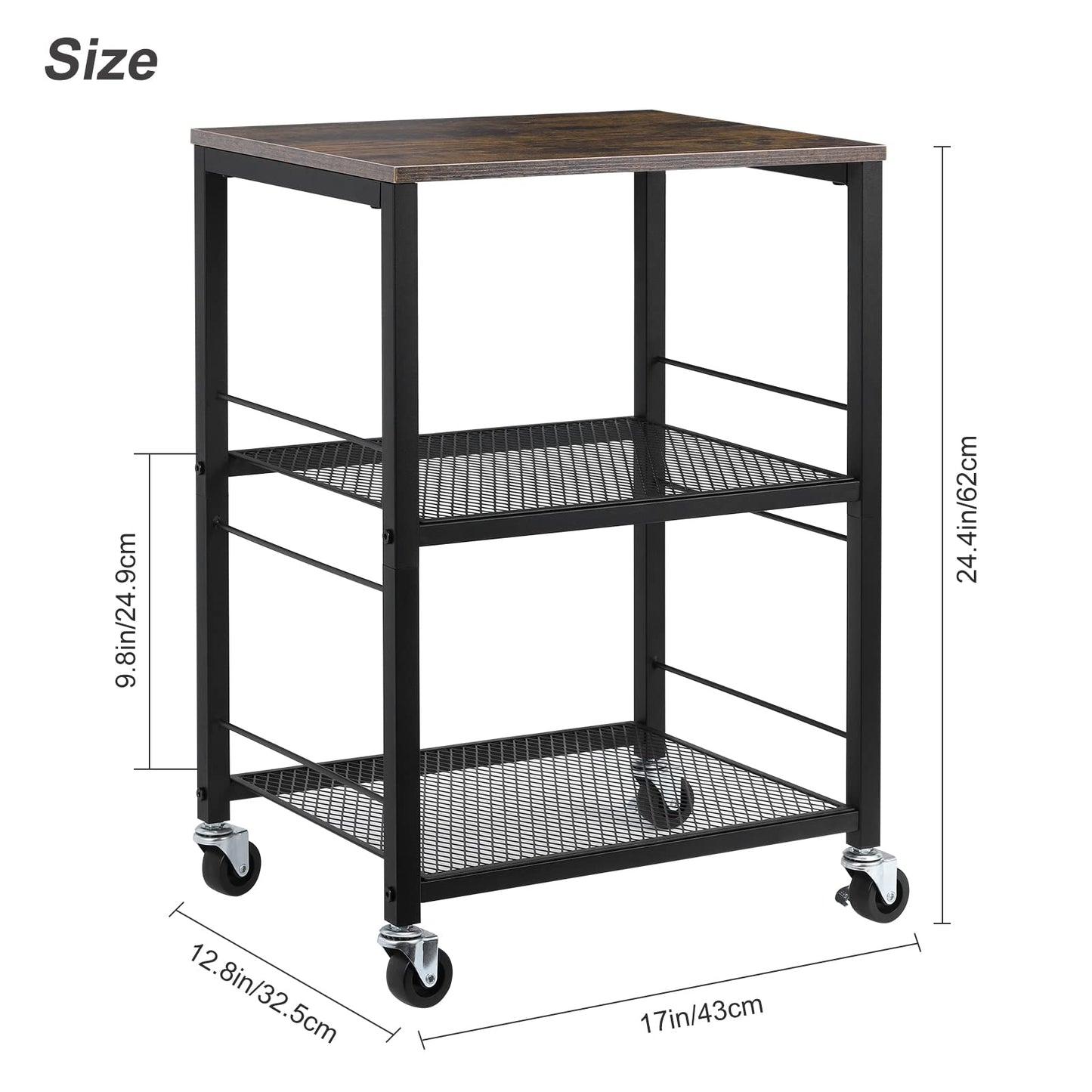 MOOACE Rustic 3 Tier End Table with Wheel, Side Table Storage Shelf